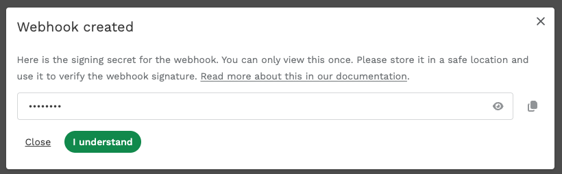 Webhook secret shown after creation